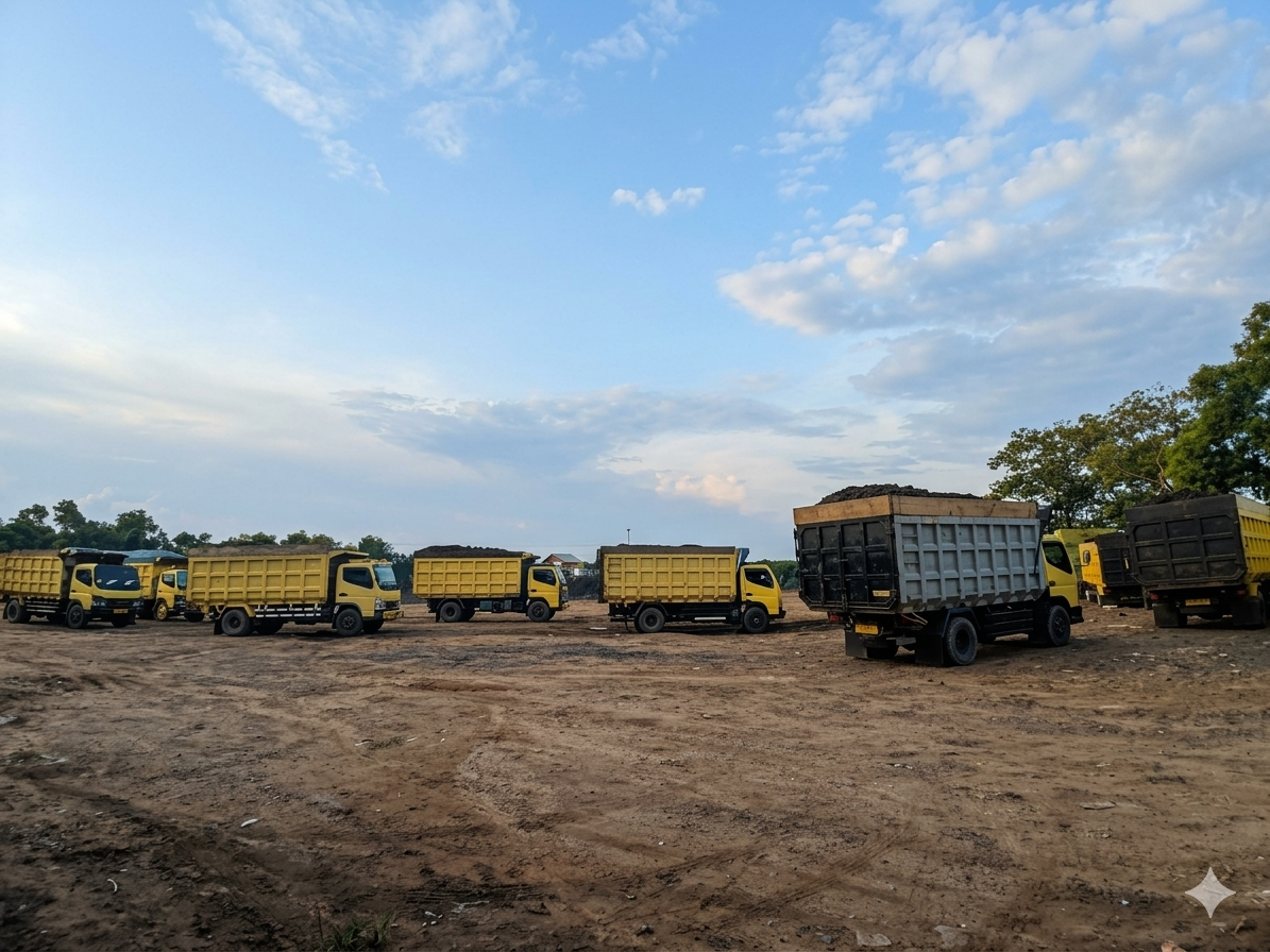 Deretan armada truk dari lokasi tambang mengantre untuk ditimbang sebelum membongkar muatan di stockpile