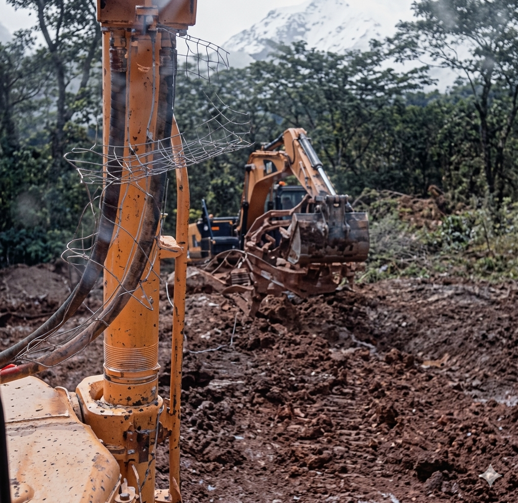 Proses pembebasan lahan hutan untuk membuka area pertambangan baru. Aktivitas ini melibatkan penghilangan vegetasi dan pepohonan yang ada di area tersebut.