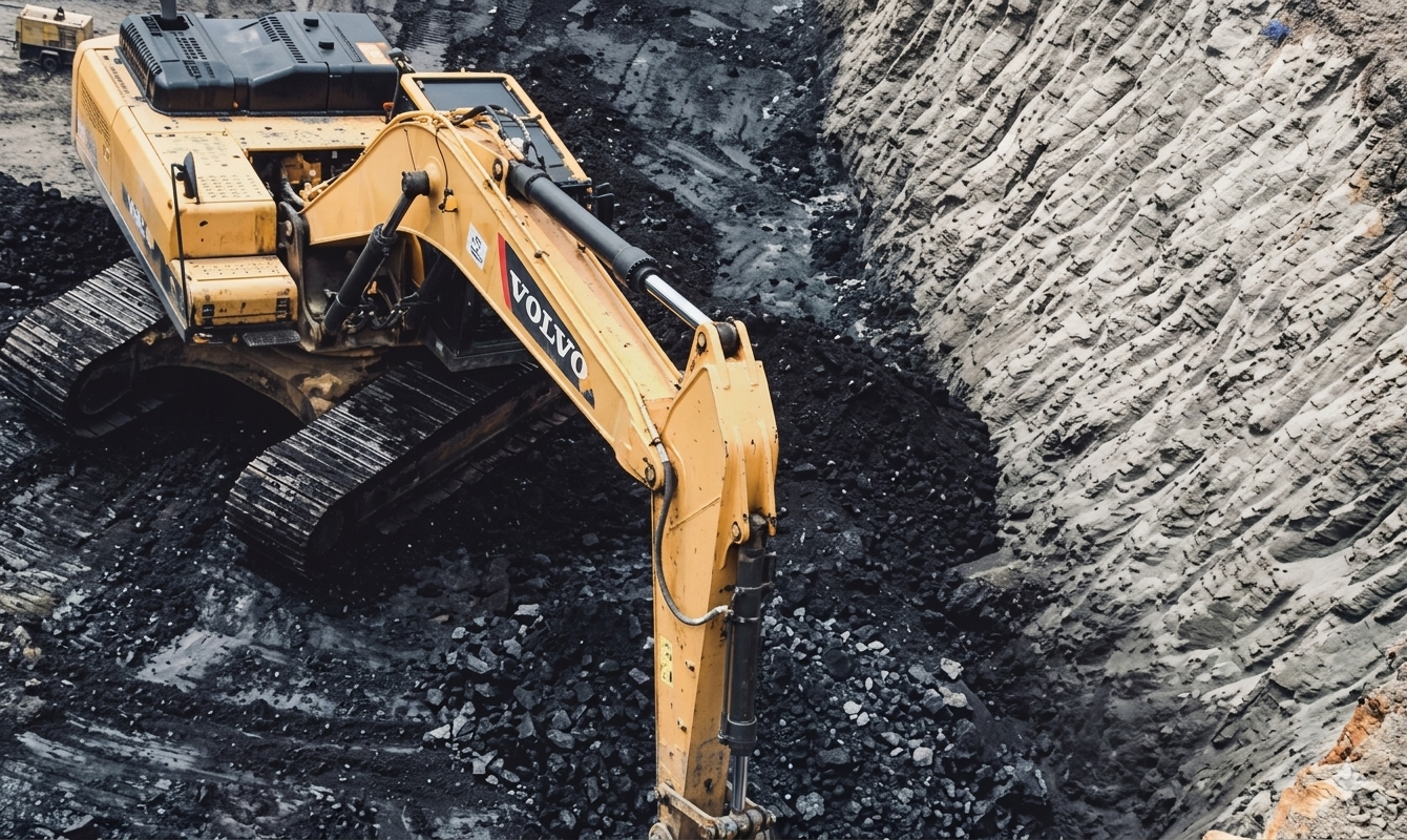 Proses penggalian atau pengambilan batubara dari lapisan tanah menggunakan heavy equipment (alat berat) seperti excavator atau loader