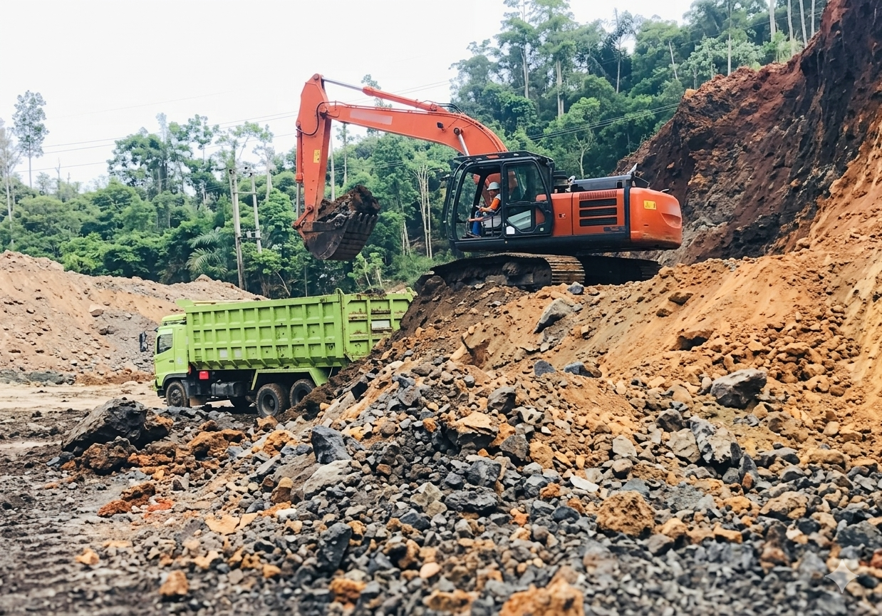 sesuai dengan standar penanganan limbah tambang,unit excavator mengangkat overburden (tanah penutup), yang kemudian diangkut menuju area disposal menggunakan unit heavy duty.